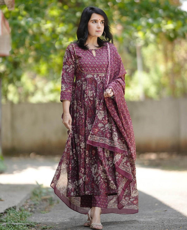 Maroon Anarkali Kurta And Pant Set With Dupatta