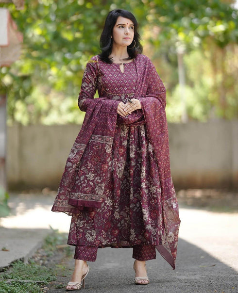 Maroon Anarkali Kurta And Pant Set With Dupatta