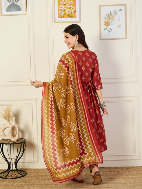 Alvami Women’s Red Printed A-Line Kurta Pant With Dupatta Set