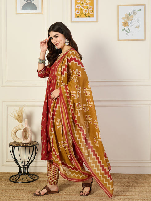 Alvami Women’s Red Printed A-Line Kurta Pant With Dupatta Set