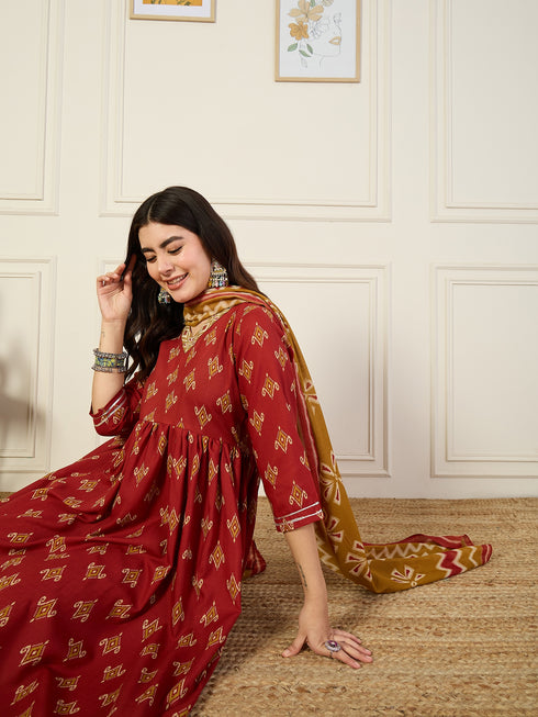 Alvami Women’s Red Printed A-Line Kurta Pant With Dupatta Set