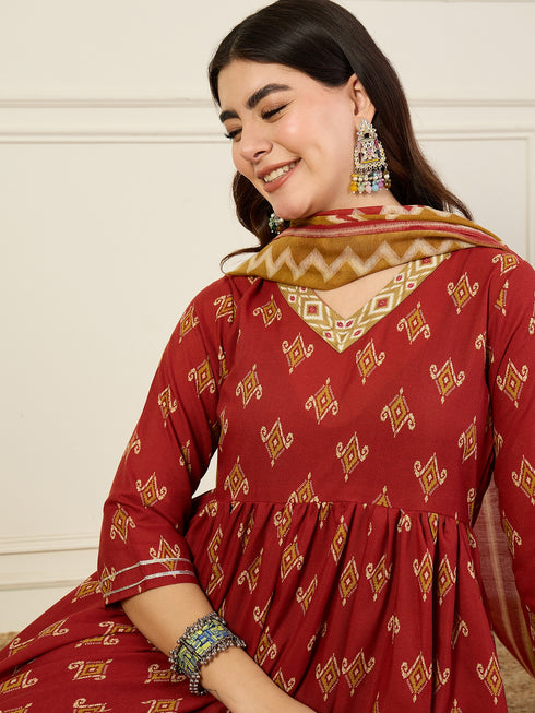 Alvami Women’s Red Printed A-Line Kurta Pant With Dupatta Set