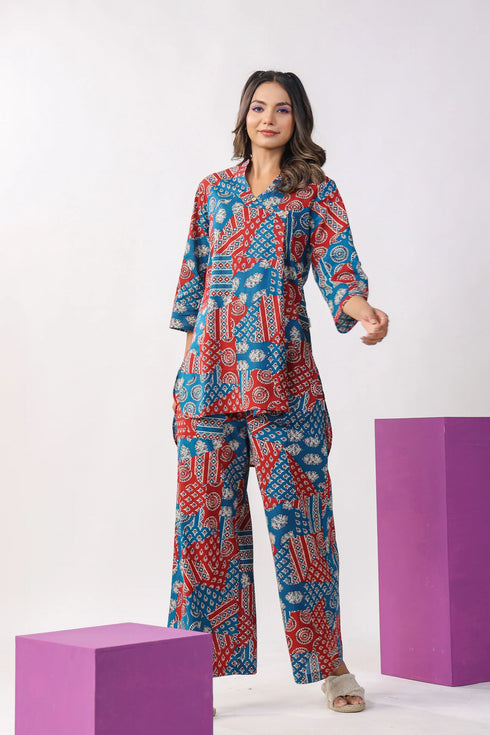Printed Mandrain Collar Kurta And Pant Set
