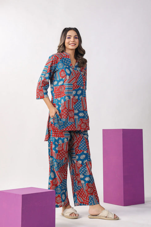 Printed Mandrain Collar Kurta And Pant Set