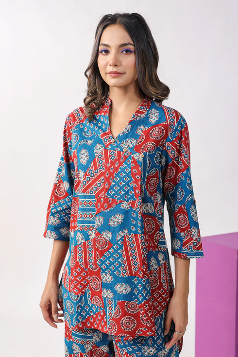 Printed Mandrain Collar Kurta And Pant Set