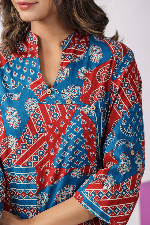 Printed Mandrain Collar Kurta And Pant Set