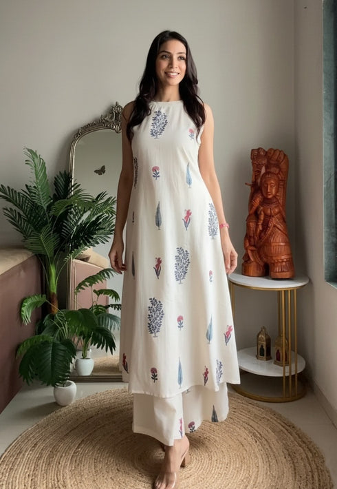 Women Pure Cotton Kurta Palazzo Set | Sleeveless Printed Kurta with Palazzo Pants | Summer Friendly, Office Wear Co-Ord Set