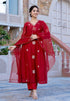 Women Red Silk Embroidered Anarkali Kurta Set with Dupatta