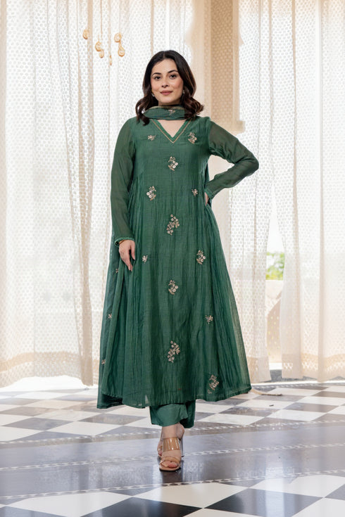 Alvami Women Green Embroidered Silk Anarkali Kurta Pant with Dupatta Set