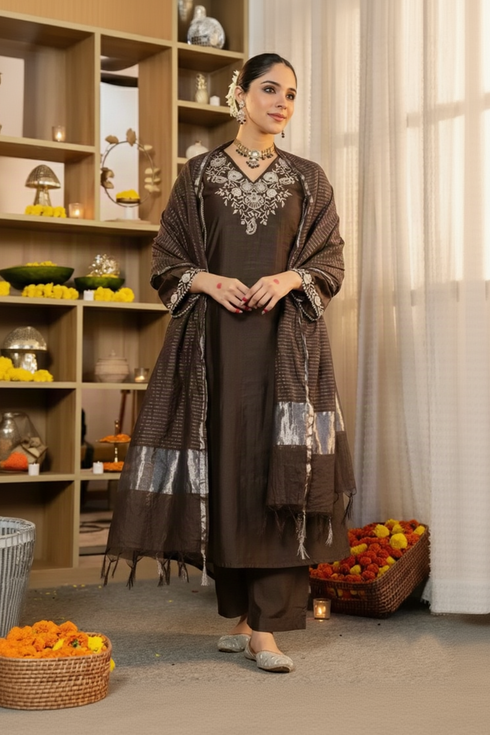 Alvami Women’s Brown Embroidered Straight Silk Kurta Pant With Dupatta Set
