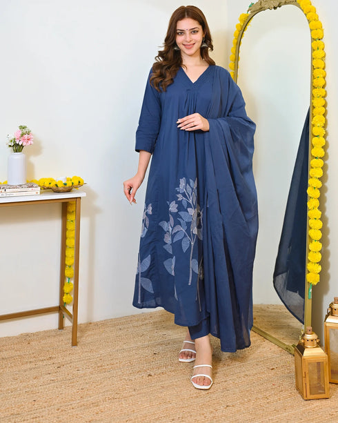 Alvami Women’s Blue Viscose A-Line Kurta with Floral Design & Pant With Dupatta Set