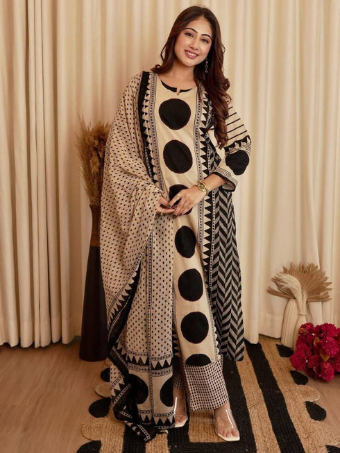 Alvami Women's Black & Beige Printed Viscose Straight Kurta Set with Dupatta | Trendy Ethnic Wear