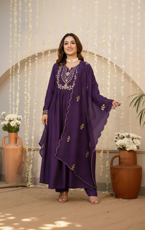 Alvami Women’s Premium Purple Silk Embroidered Anarkali Kurta Pant With Dupatta Set