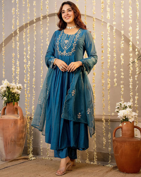 Alvami Women’s Premium Morepeach Silk Embroidered Anarkali Kurta Pant With Dupatta Set