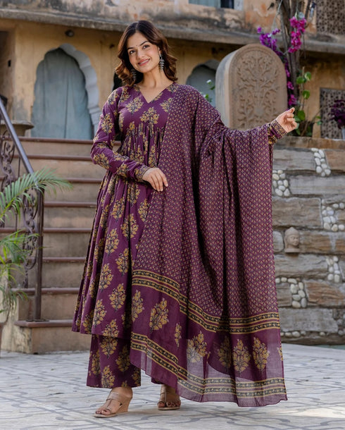 Alvami Women Printed Anarkali Kurta and Pant Set with Dupatta