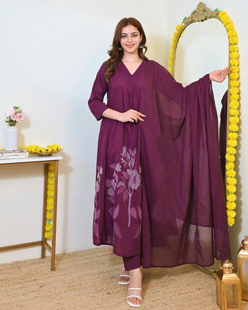 Alvami Women’s Wine Viscose A-Line Kurta with Floral Design & Pant With Dupatta Set