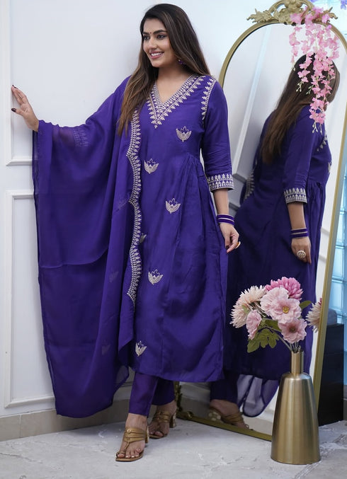 Alvami Women Embroidery Anarkali Kuta and Pant Set with Dupatta