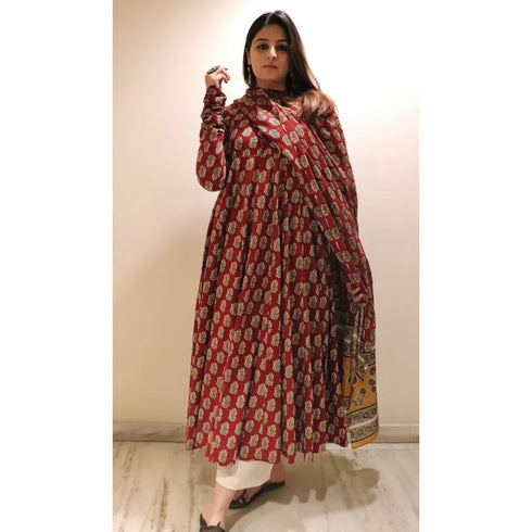 Alvami Women's Red Floral Printed Viscose Anarkali Suit Set with Dupatta | Elegant Ethnic Wear