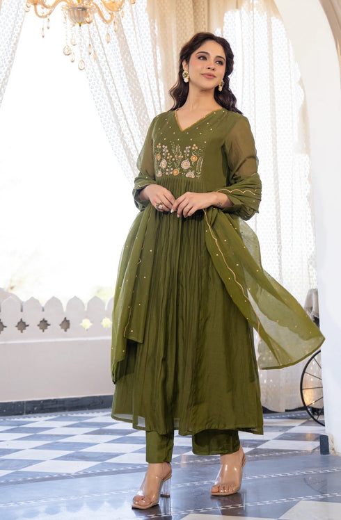 Alvami Women's Green Embroidered Silk Anarkali Suit Set with Dupatta | Premium Festive Wear