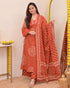 Alvami Women’s Orange Bandhani Print A-Line Kurta Pant With Dupatta Set