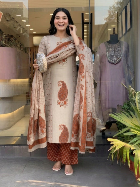 Alvami Women Rust&Beige Viscose Printed Straight Kurta Set with Printed Palazzo Pants & Dupatta