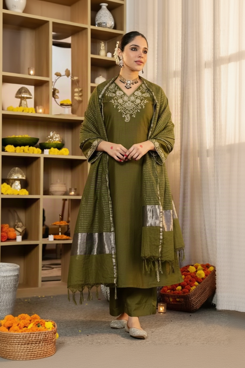 Alvami Women’s Green Embroidered Straight Silk Kurta Pant With Dupatta Set