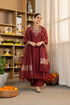 Alvami Women’s Maroon Embroidered Straight Silk Kurta Pant With Dupatta Set