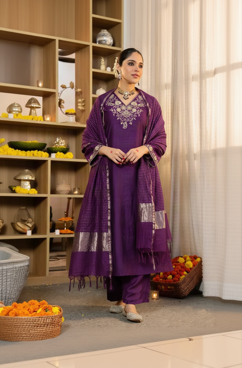 Alvami Women’s Purple Embroidered Straight Silk Kurta Pant With Dupatta Set