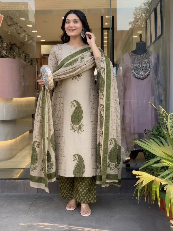 Alvami Women Green&Beige Viscose Printed Straight Kurta Set with Printed Palazzo Pants & Dupatta