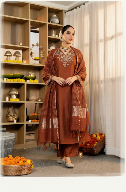 Alvami Women’s Rust Embroidered Straight Silk Kurta Pant With Dupatta Set