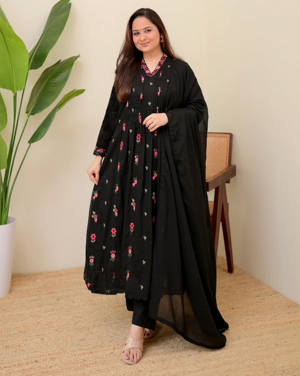 Alvami Womenβs Black Silk Floral Embroidered Anarkali Kurta Pant with Dupatta Set