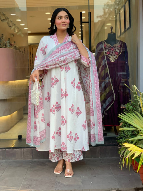 Alvami Women’s Pink Floral Printed A-Line Kurta Pant With Dupatta Set