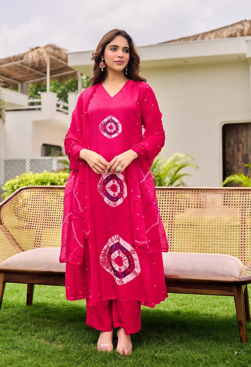 Alvami Women Pink Printed Viscose A-Line Kurta Pant With Dupatta Set