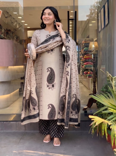 Alvami Women Black&Beige Viscose Printed Straight Kurta Set with Printed Palazzo Pants & Dupatta