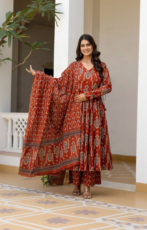 Alvami Women’s Red Printed Angrakha Kurta Pant With Dupatta Set