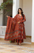 Alvami Women’s Red Printed Angrakha Kurta Pant With Dupatta Set