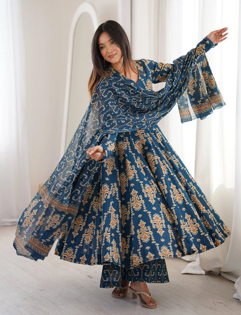 Alvami Women’s Blue Printed Angrakha Kurta Pant With Dupatta Set