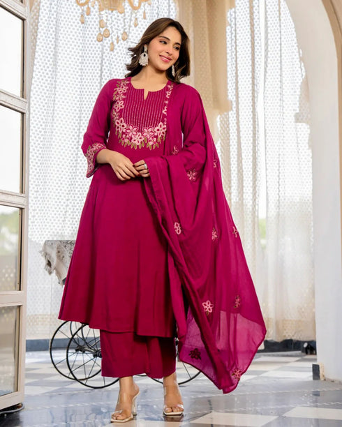 Alvami Women's Pink Embroidered Silk Anarkali Kurta Pant With Dupatta Set