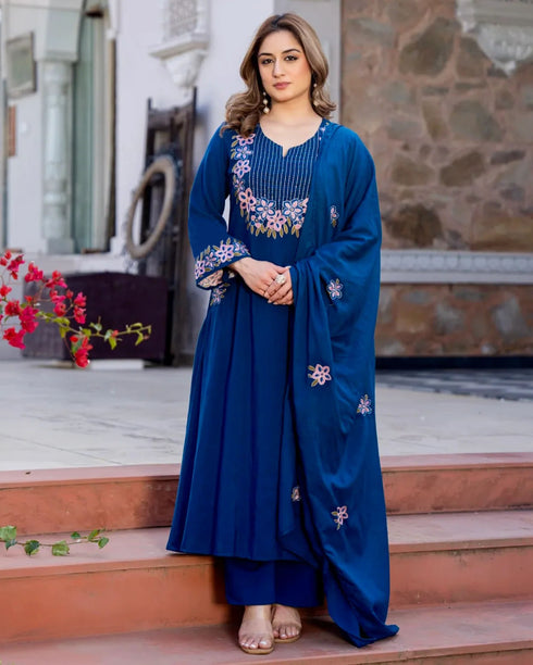 Alvami Women's Blue Embroidered Silk Anarkali Kurta Pant With Dupatta Set