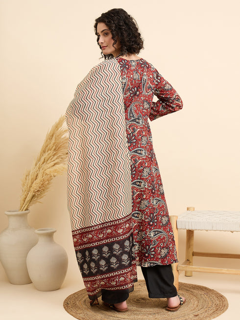 Alvami Women’s Rust Floral Printed Anarkali Kurta Pant With Dupatta Set