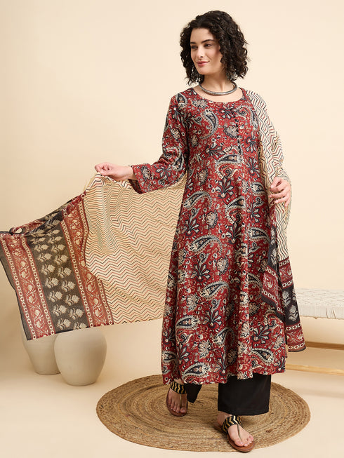 Alvami Women’s Rust Floral Printed Anarkali Kurta Pant With Dupatta Set