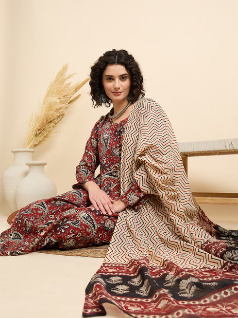Alvami Women’s Rust Floral Printed Anarkali Kurta Pant With Dupatta Set