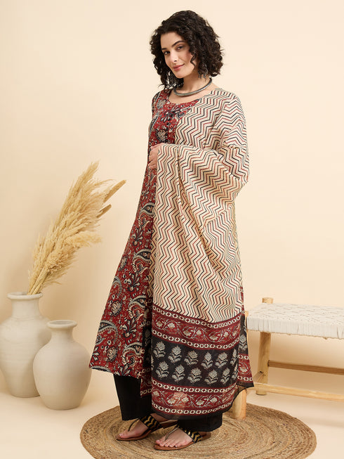 Alvami Women’s Rust Floral Printed Anarkali Kurta Pant With Dupatta Set