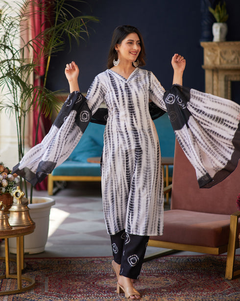 Black, White Printed Viscose Rayon Kurta, Pant And Dupatta Set