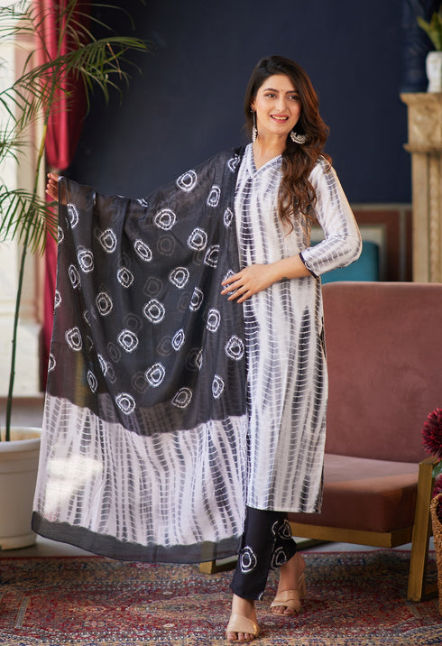 Black, White Printed Viscose Rayon Kurta, Pant And Dupatta Set