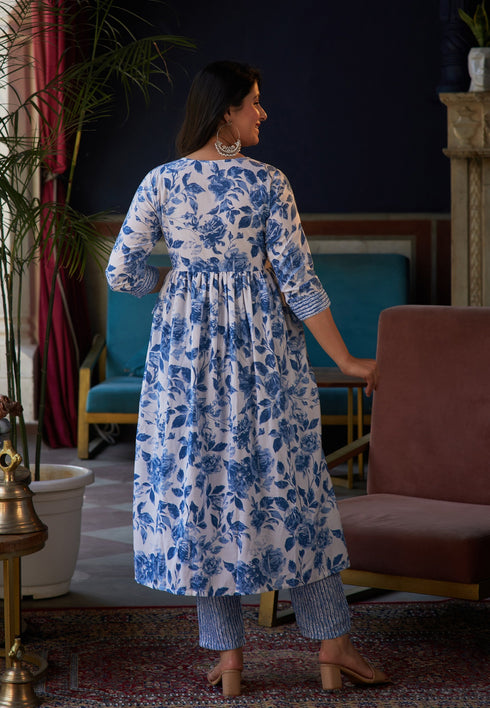 White, Blue Floral Print Viscose Rayon Kurta, Pant And Dupatta Set