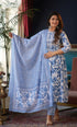 White, Blue Floral Print Viscose Rayon Kurta, Pant And Dupatta Set