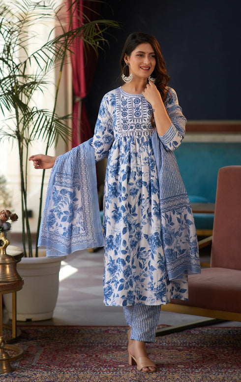 White, Blue Floral Print Viscose Rayon Kurta, Pant And Dupatta Set