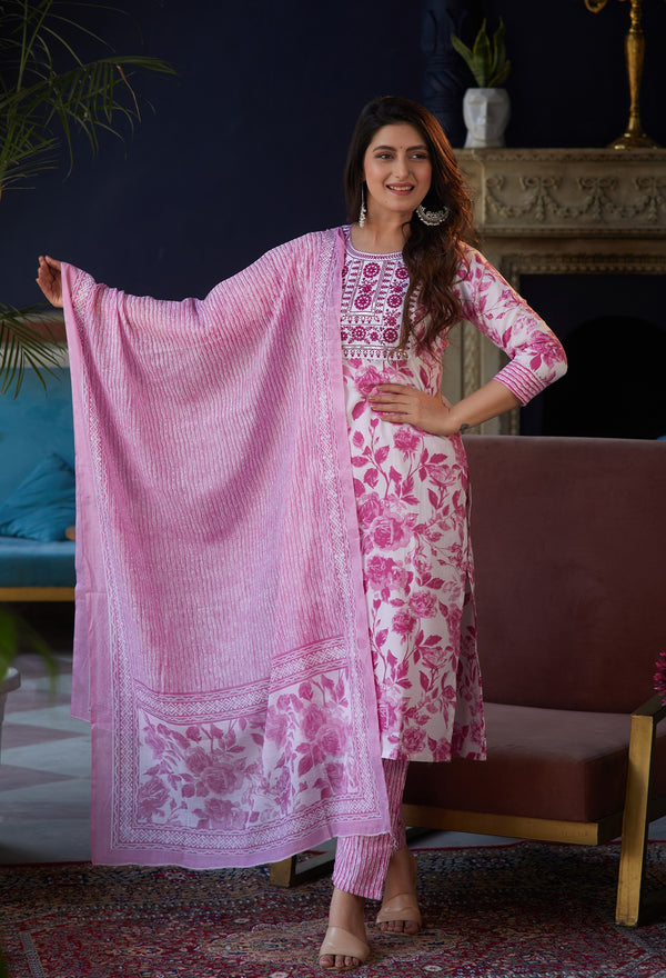 Pink, White Floral Print Viscose Rayon Kurta, Pant And Dupatta Set