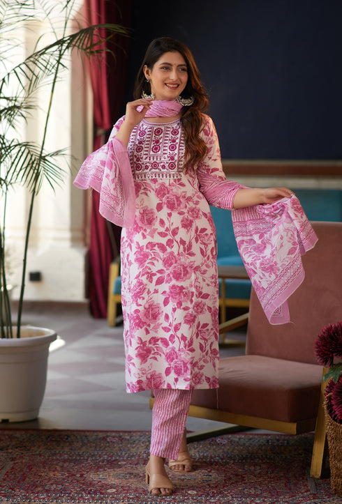 Pink, White Floral Print Viscose Rayon Kurta, Pant And Dupatta Set
